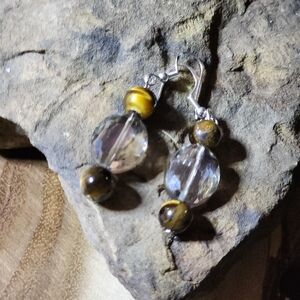 Hand Crafted Dangle Earrings With Faceted Glass and Stunning Tiger Eye Beads